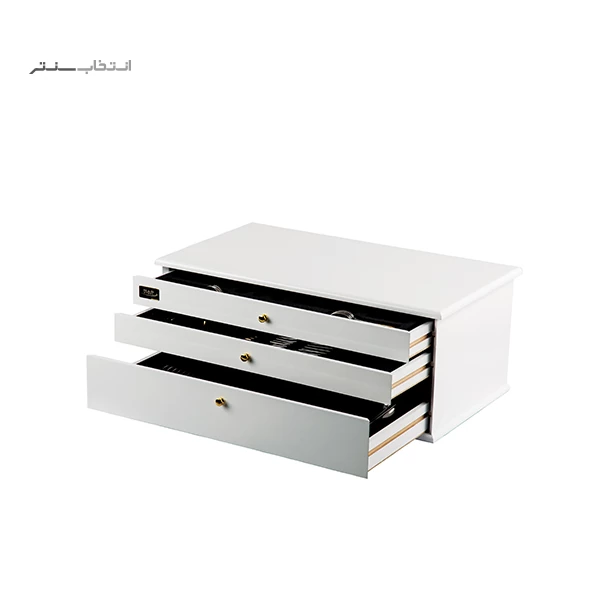 سرویس قاشق و چنگال ناب استیل 116 پارچه مدل فلورانس طلایی PVD جعبه چوبی سفید