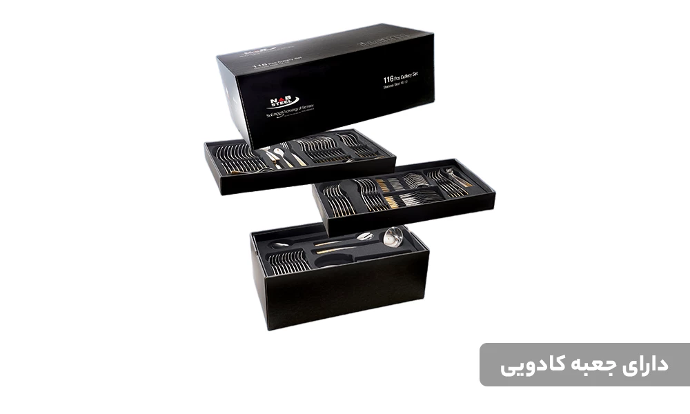 سرویس قاشق و چنگال 116 پارچه ناب استیل مدل فلورانس طلایی PVD جعبه کادویی