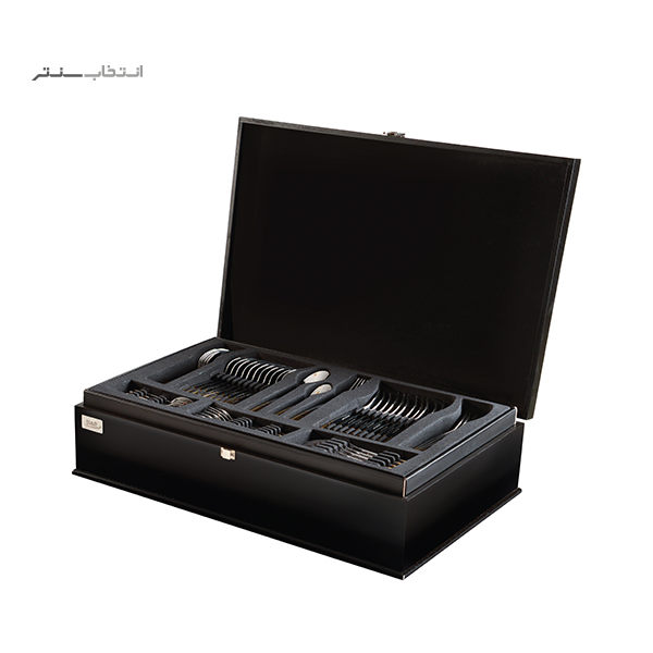 سرویس قاشق و چنگال ناب استیل 86 پارچه مدل فلورانس طلایی PVD جعبه چوبی مشکی