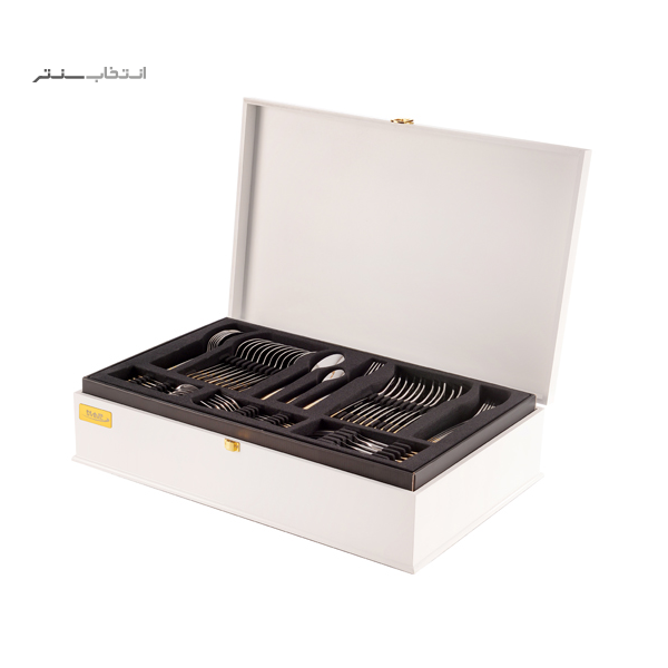 سرویس قاشق و چنگال ناب استیل 86 پارچه مدل فلورانس طلایی PVD جعبه چوبی سفید