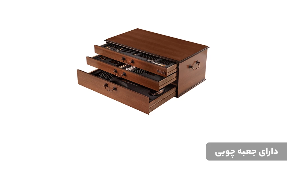 سرویس قاشق و چنگال ناب استیل 116 پارچه مدل فلورانس دور طلایی جعبه چوبی